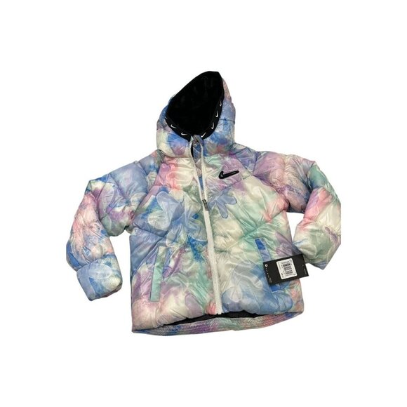 Nike Puffer Jacket Girls 6X Pastel Floral Tie Dye Black Fleece Lined